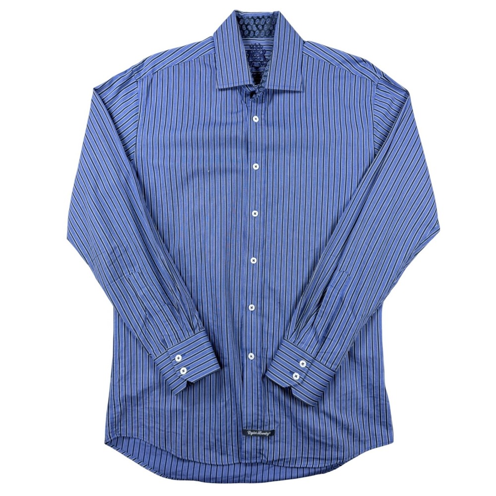 English Laundry Mens Blue Striped Cotton Dress Shirt 15.5 34/35 Paisley Trim